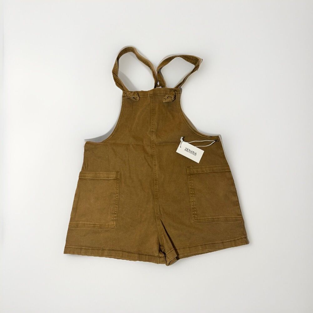 NEW Zenana DMO-1869Y Washed Brown Overall Romper Shorts Utility Pockets L NWT - Picture 2 of 6